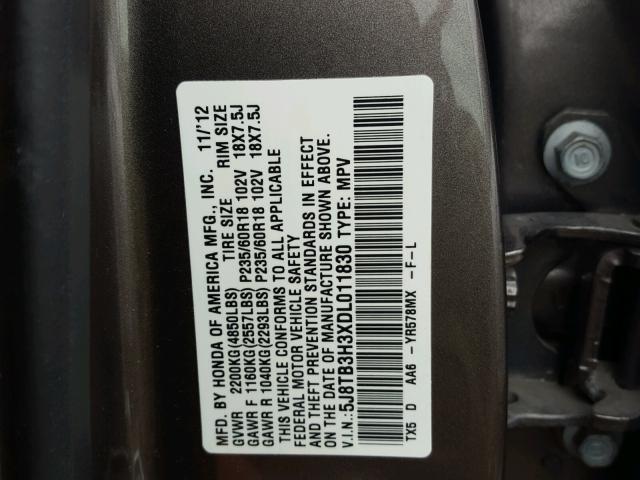 5J8TB3H3XDL011830 - 2013 ACURA RDX BASE BROWN photo 10