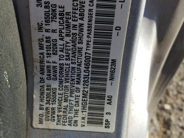 1HGEM21283L046007 - 2003 HONDA CIVIC DX SILVER photo 10