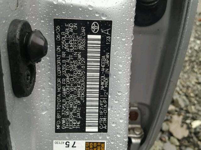 JTDKB22UX67518129 - 2006 TOYOTA PRIUS SILVER photo 10