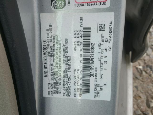 3FAHP0HA9CR183842 - 2012 FORD FUSION SE SILVER photo 10