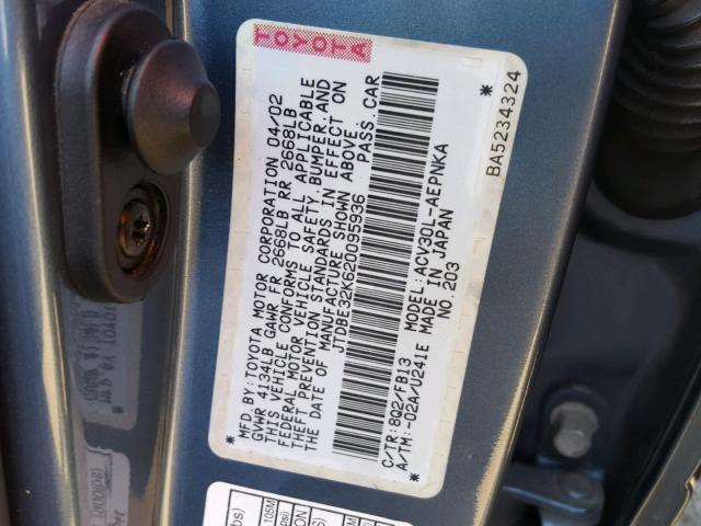 JTDBE32K620095936 - 2002 TOYOTA CAMRY LE BLUE photo 10