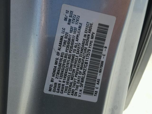 5FNRL5H27CB117579 - 2012 HONDA ODYSSEY LX SILVER photo 10