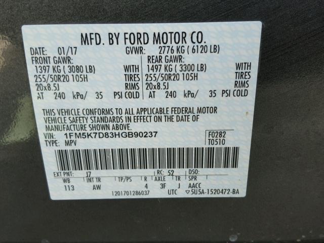 1FM5K7D83HGB90237 - 2017 FORD EXPLORER X GRAY photo 10