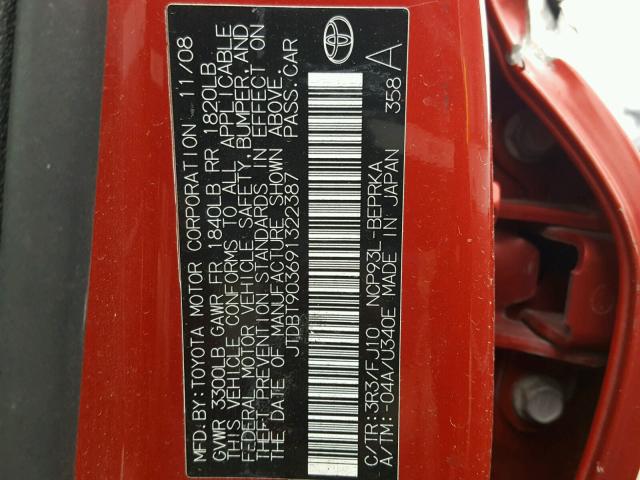 JTDBT903691322387 - 2009 TOYOTA YARIS RED photo 10