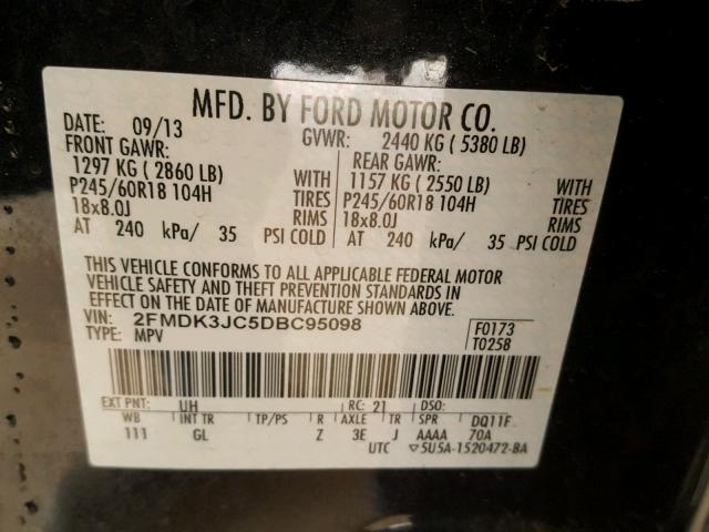 2FMDK3JC5DBC95098 - 2013 FORD EDGE SEL BLACK photo 10