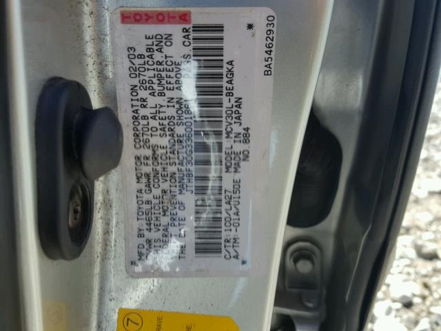 JTHBF30G336001861 - 2003 LEXUS ES 300 SILVER photo 10