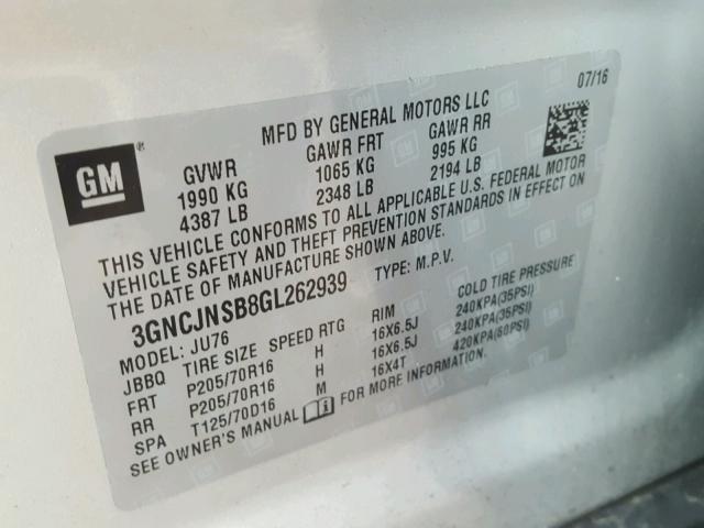 3GNCJNSB8GL262939 - 2016 CHEVROLET TRAX LS SILVER photo 10