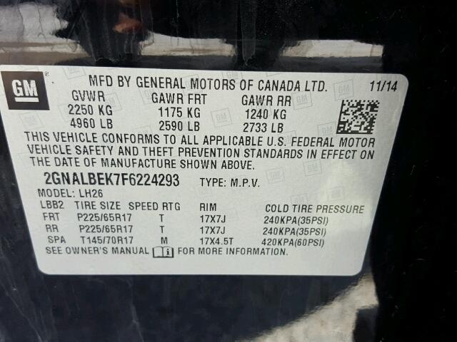 2GNALBEK7F6224293 - 2015 CHEVROLET EQUINOX LT BLACK photo 10