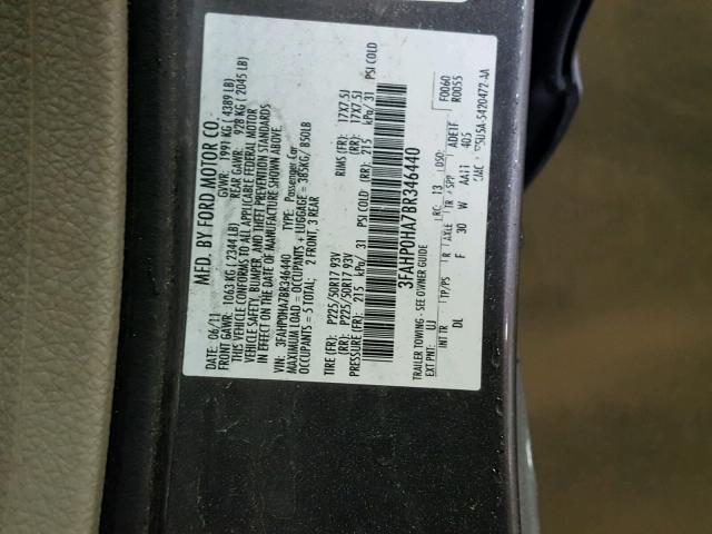 3FAHP0HA7BR346440 - 2011 FORD FUSION SE GRAY photo 10