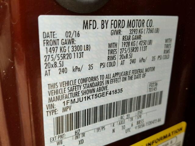 1FMJU1KT5GEF41835 - 2016 FORD EXPEDITION BURGUNDY photo 10