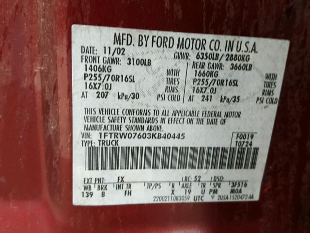 1FTRW07603KB40445 - 2003 FORD F150 RED photo 10