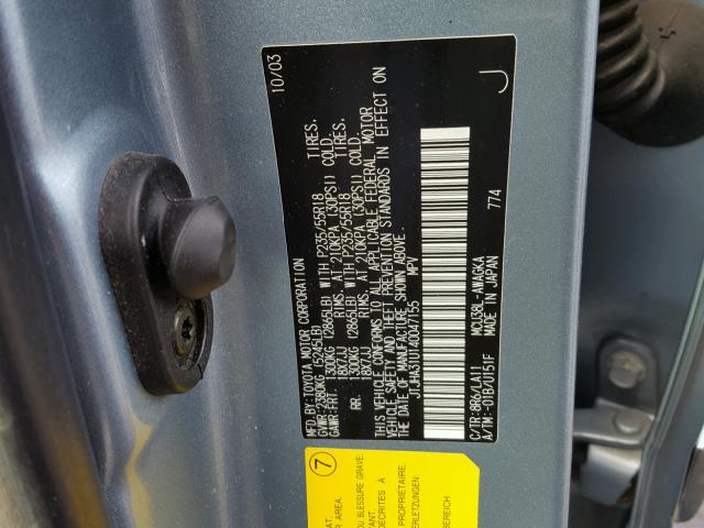 JTJHA31U140047155 - 2004 LEXUS RX 330 BLUE photo 10