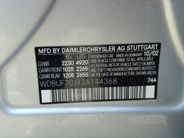 WDBUF70J93A144368 - 2003 MERCEDES-BENZ E 500 SILVER photo 10