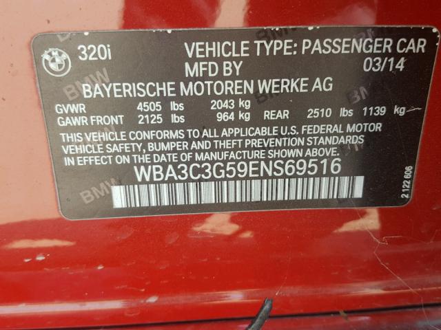 WBA3C3G59ENS69516 - 2014 BMW 320 I RED photo 10