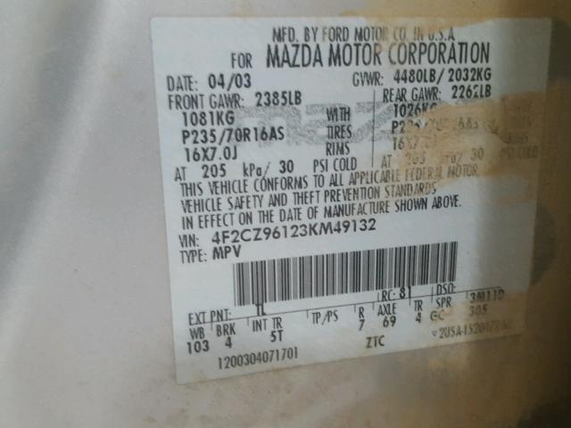 4F2CZ96123KM49132 - 2003 MAZDA TRIBUTE ES SILVER photo 10