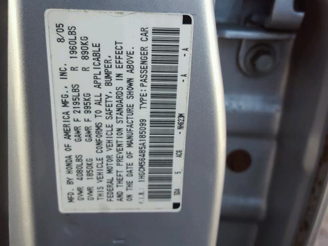 1HGCM56485A185099 - 2005 HONDA ACCORD LX SILVER photo 10