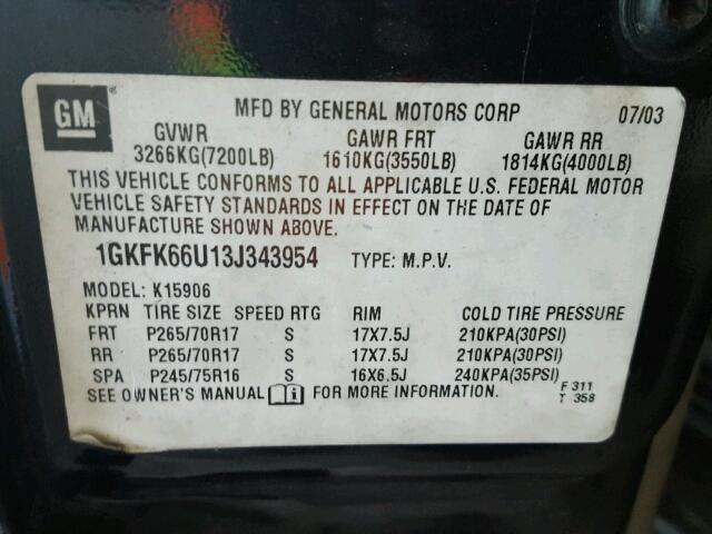 1GKFK66U13J343954 - 2003 GMC YUKON DENA GRAY photo 10