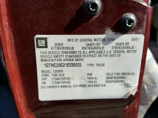 1GTHC29G21E338025 - 2001 GMC SIERRA C25 RED photo 10