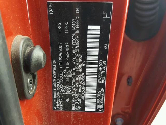 JTEBU5JR4G5290128 - 2016 TOYOTA 4RUNNER SR RED photo 10