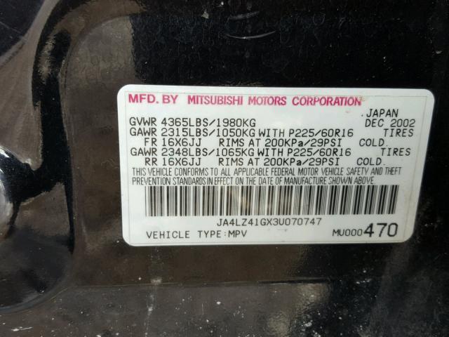 JA4LZ41GX3U070747 - 2003 MITSUBISHI OUTLANDER BLACK photo 10