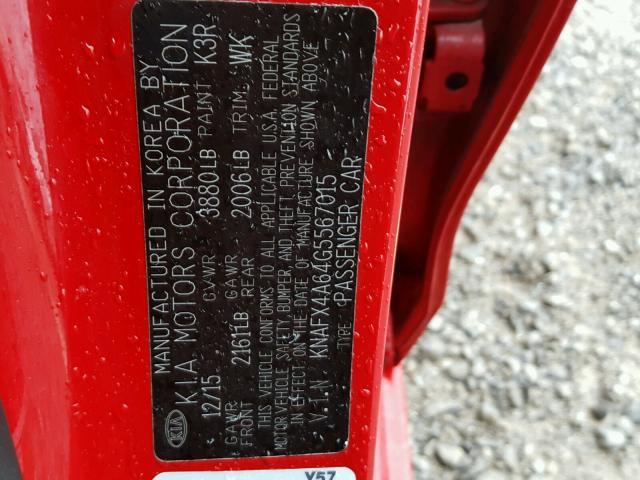 KNAFX4A64G5567015 - 2016 KIA FORTE LX RED photo 10