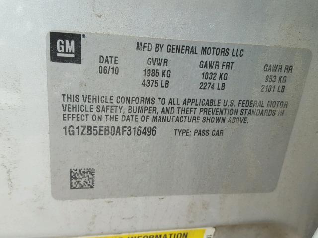 1G1ZB5EB0AF316496 - 2010 CHEVROLET MALIBU LS Gümüş foto 10