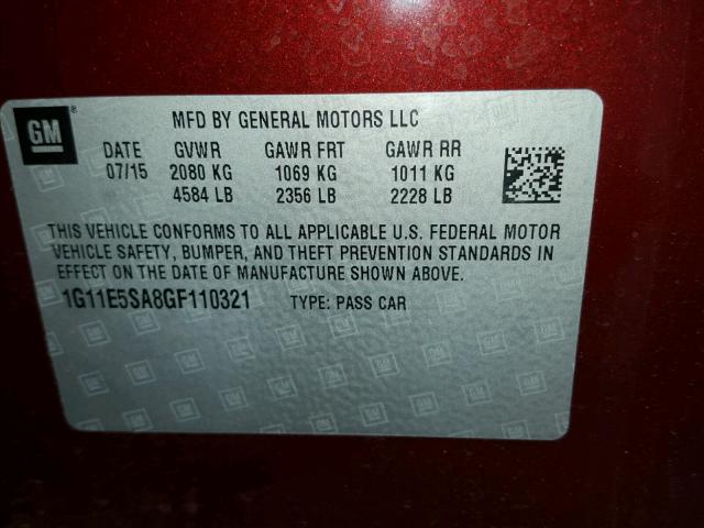 1G11E5SA8GF110321 - 2016 CHEVROLET MALIBU LIM 红色 照片 10