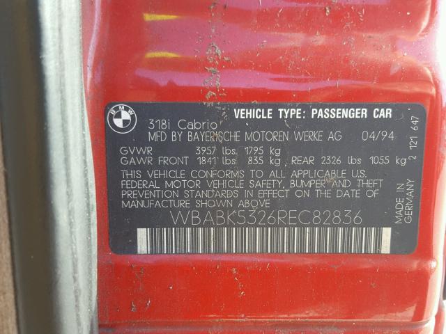 WBABK5326REC82836 - 1994 BMW 318 IC RED photo 10