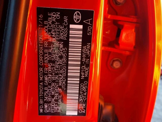 JTDKDTB32G1589515 - 2016 TOYOTA PRIUS C RED photo 10