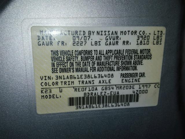 3N1AB61E38L636408 - 2008 NISSAN SENTRA 2.0 SILVER photo 10