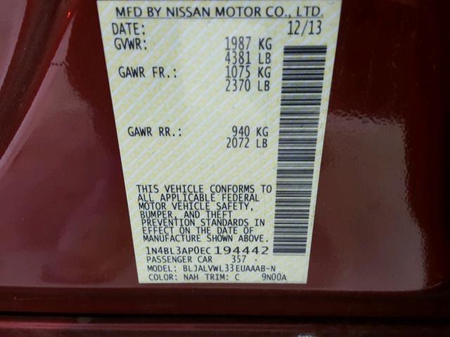 1N4BL3AP0EC194442 - 2014 NISSAN ALTIMA 3.5 MAROON photo 10