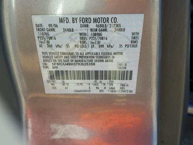 1FMCU49H37KB25358 - 2007 FORD ESCAPE HEV GRAY photo 10