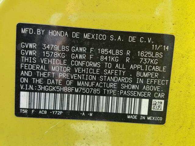 3HGGK5H88FM750785 - 2015 HONDA FIT EX YELLOW photo 10