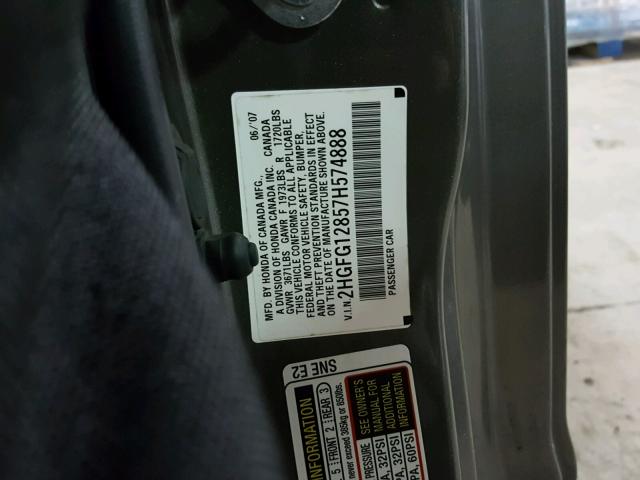 2HGFG12857H574888 - 2007 HONDA CIVIC EX Boz foto 10