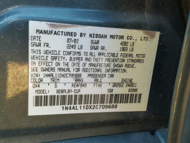 1N4AL11DX2C709688 - 2002 NISSAN ALTIMA BAS TEAL photo 10