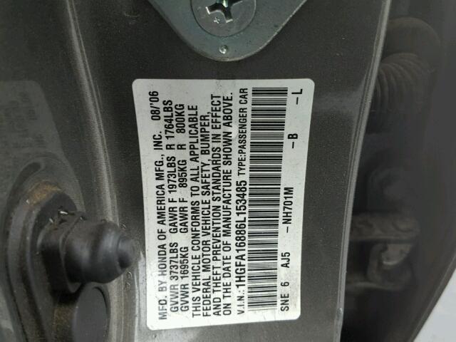 1HGFA16886L153485 - 2006 HONDA CIVIC EX Boz foto 10