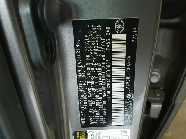 4T1BE32KX5U530837 - 2005 TOYOTA CAMRY LE GRAY photo 10