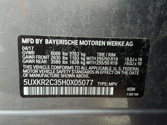 5UXKR2C35H0X05077 - 2017 BMW X5 SDRIVE3 GRAY photo 10