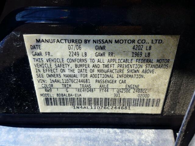 1N4AL11D76C244681 - 2006 NISSAN ALTIMA S BLUE photo 10