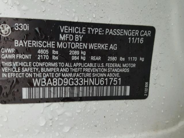 WBA8D9G33HNU61751 - 2017 BMW 330 XI WHITE photo 10
