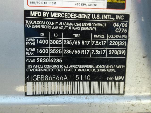 4JGBB86E66A115110 - 2006 MERCEDES-BENZ ML 350 SILVER photo 10