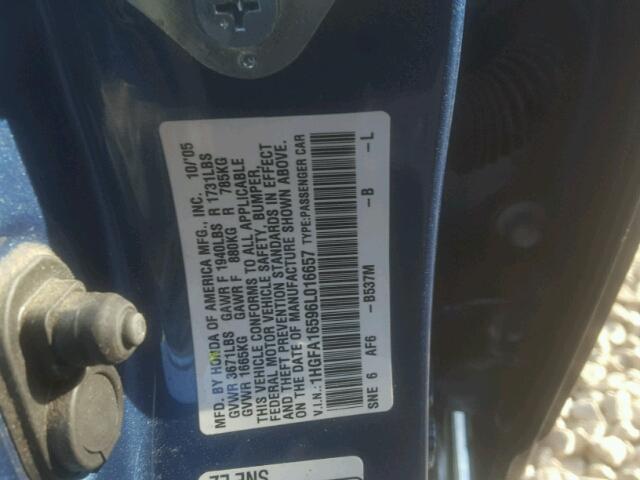 1HGFA16596L016657 - 2006 HONDA CIVIC LX BLUE photo 10