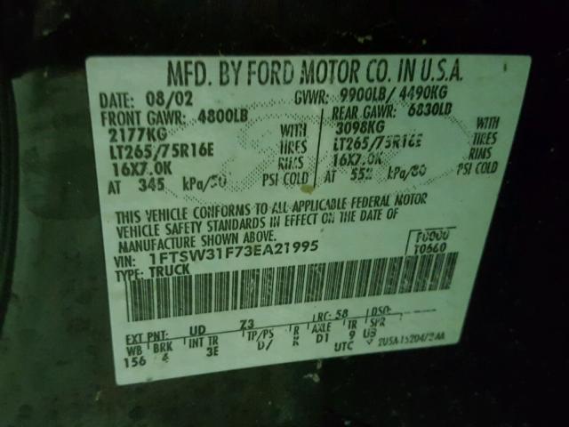 1FTSW31F73EA21995 - 2003 FORD F350 SRW S BLACK photo 10