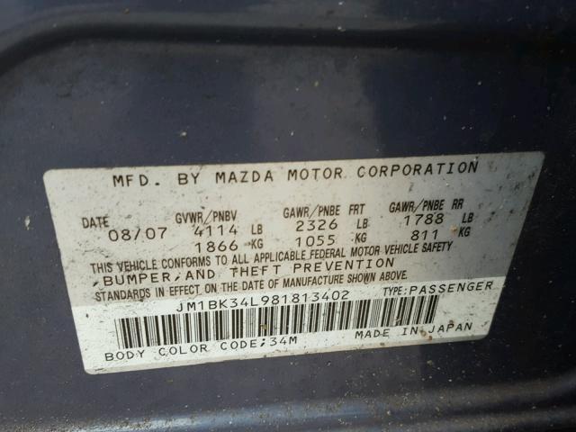 JM1BK34L981813402 - 2008 MAZDA SPEED 3 蓝色 照片 10