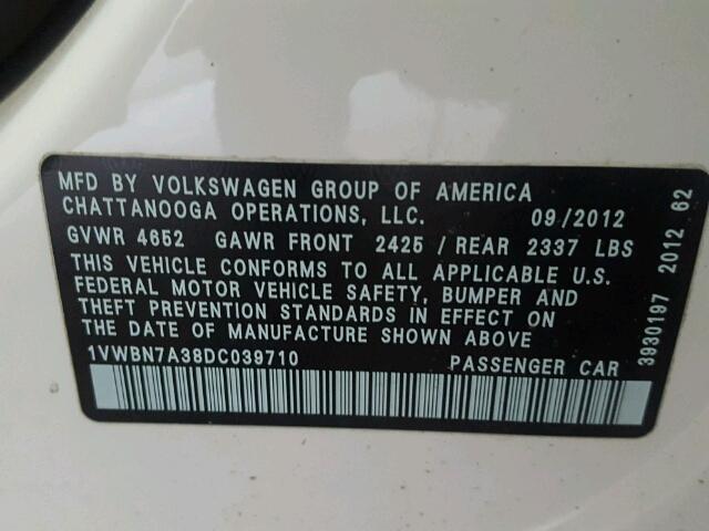 1VWBN7A38DC039710 - 2013 VOLKSWAGEN PASSAT SE WHITE photo 10