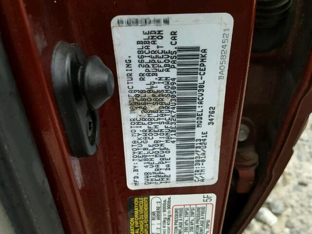 4T1BE32K74U305094 - 2004 TOYOTA CAMRY LE წითელი ფოტო 10