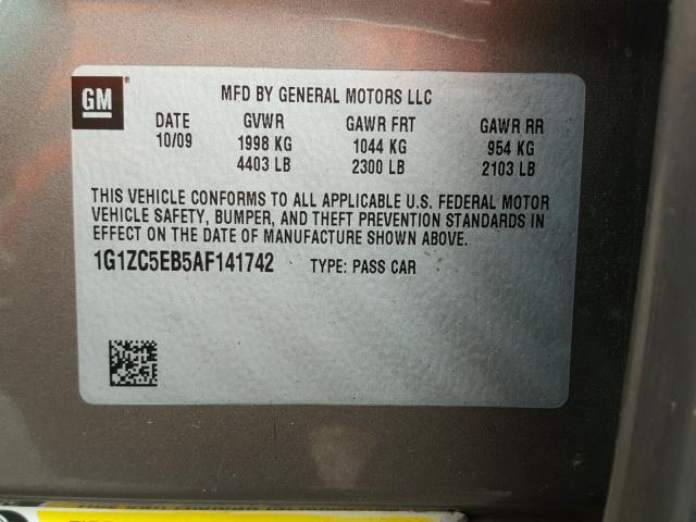 1G1ZC5EB5AF141742 - 2010 CHEVROLET MALIBU 1LT ყავისფერი ფოტო 10