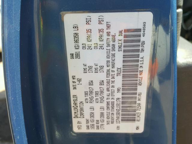 1D7HA16K42J181170 - 2002 DODGE RAM 1500 BLUE photo 10