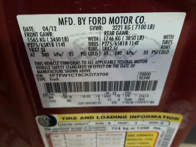 1FTFW1CT8CKD73705 - 2012 FORD F150 SUPER RED photo 10