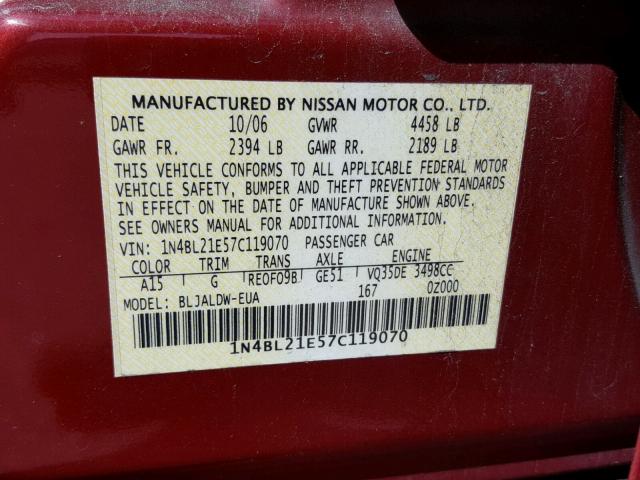 1N4BL21E57C119070 - 2007 NISSAN ALTIMA 3.5 MAROON photo 10